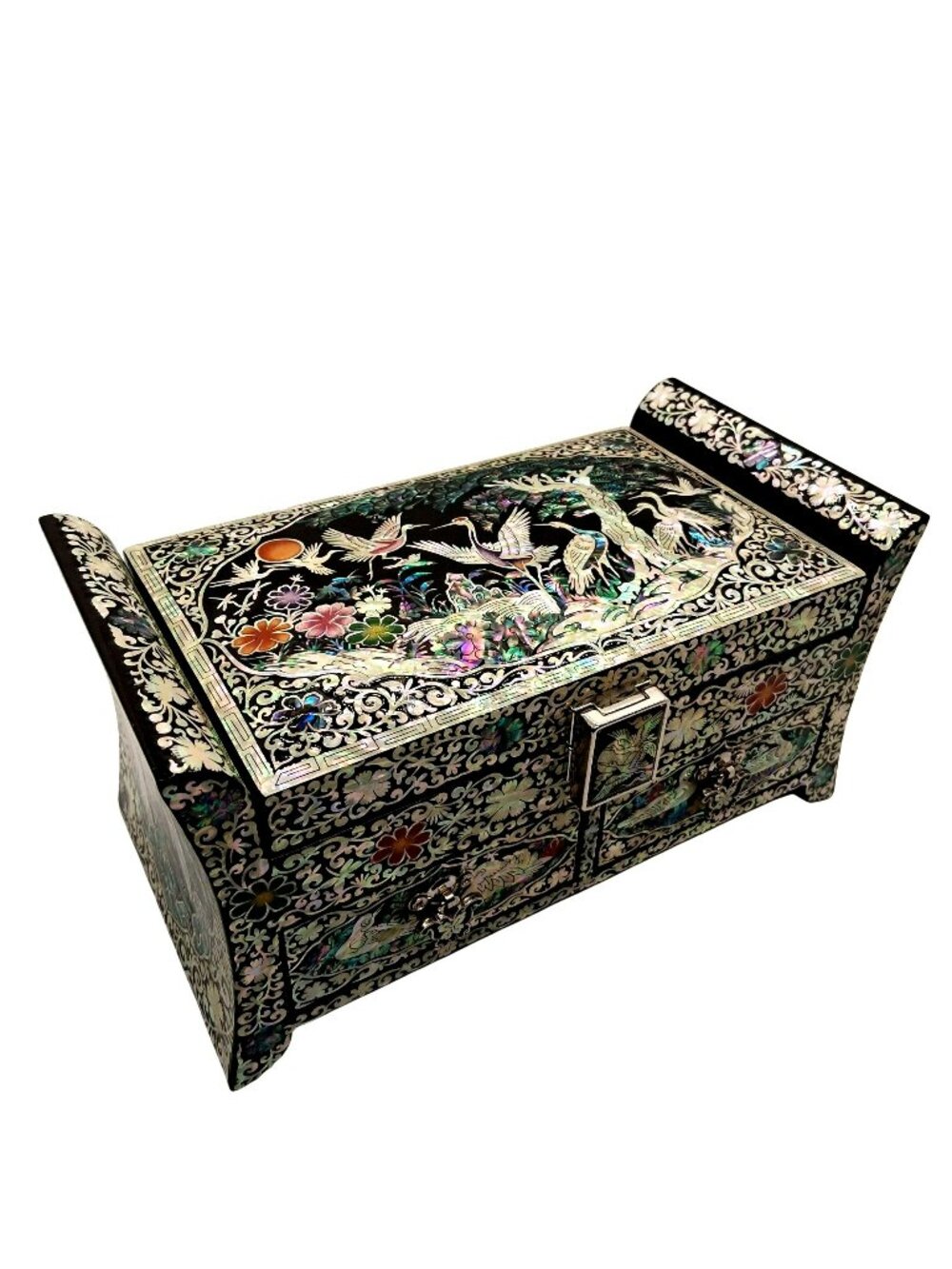 Elegant Mother-Of-Pearl Inlay Asian Jewelry Box Lacquered W Crane & Floral NWOB